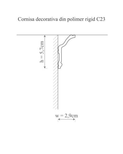 Cornișă decorativă din polimer rigid alb, montată pe tavan