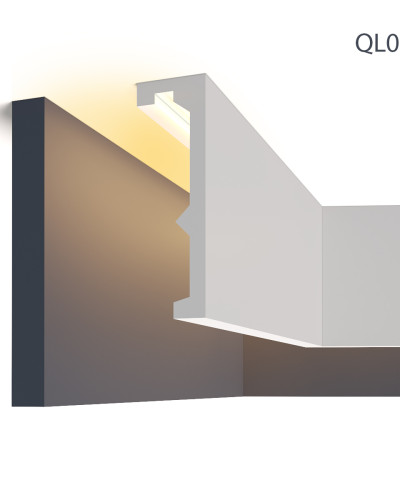Cornișă decorativă pentru iluminat indirect cu LED și mascare galerie perdea