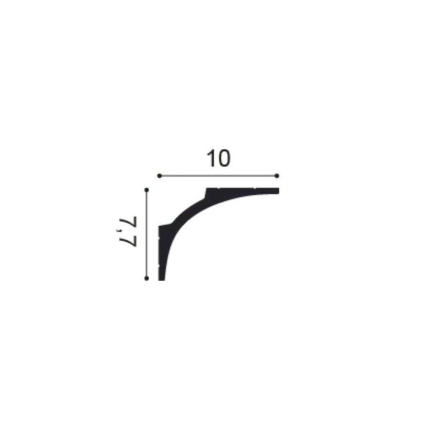 Secțiune prin cornișa C992 Infinity: curbă în C asimetrică, 10 cm pe tavan și 7,7 cm pe perete, cu margini subțiri