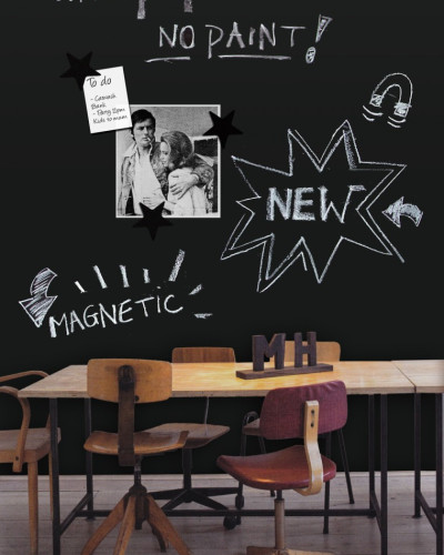 Tapet magnetic negru cu desene și notițe, într-un cadru de birou modern