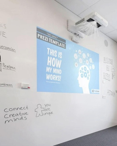 Tapet magnetic tip whiteboard cu suprafață mată folosit ca suprafață de proiecție și pentru notițe.