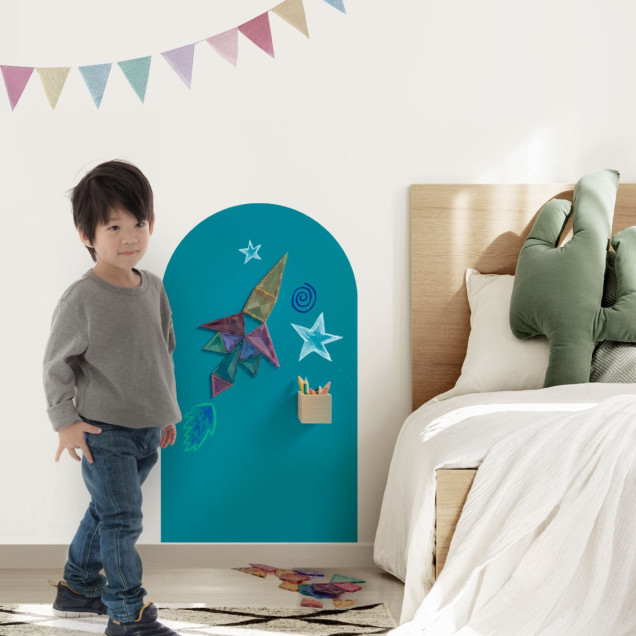 Tablă de scris magnetică autoadezivă, arcadă, albastră, 58x100 cm, decorată cu desene și magneți