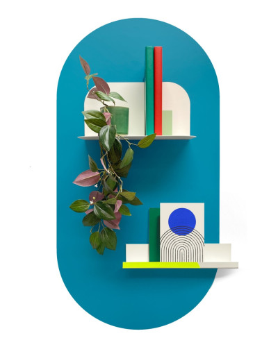 Tablă de scris magnetică autoadezivă, ovală, albastră, 47x90 cm, cu rafturi și decorațiuni