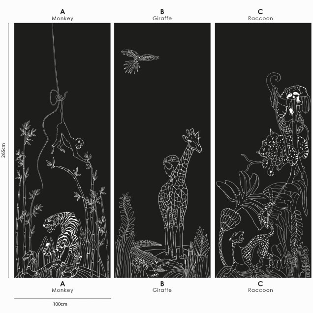 Tapet magnetic negru, junglă, girafă, raton și maimuță, 100x265