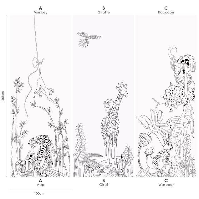 Tapet alb cu junglă, girafă, raton și maimuță