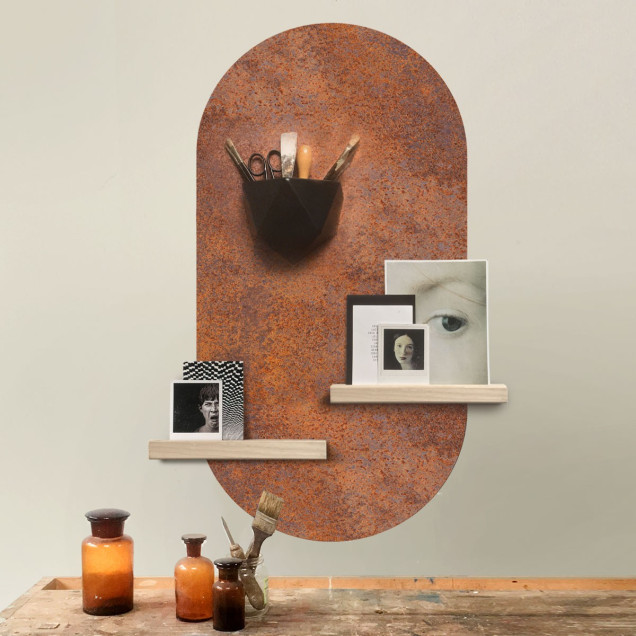 Sticker magnetic decorativ cu aspect de fier ruginit, oval