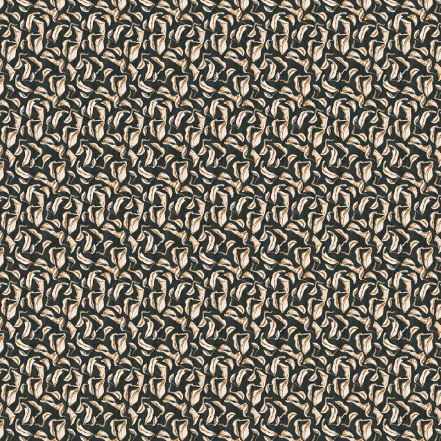 Tapet lavabil Moroccan Branches - negru, cu un model grafic, abstract, inspirat de frunzele de palmier, pe fond negru, cu nuanțe de bej și maro.