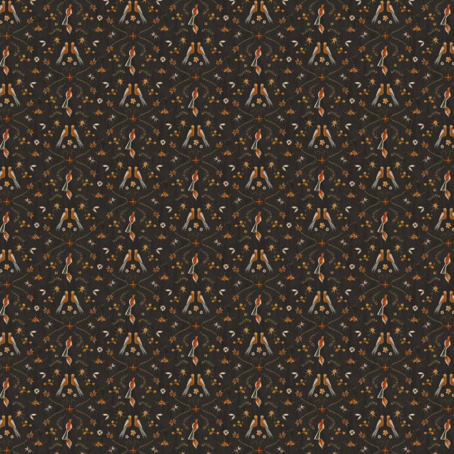 Tapet lavabil cu un design elegant cu păsări, flori și ramuri pe un fundal negru.