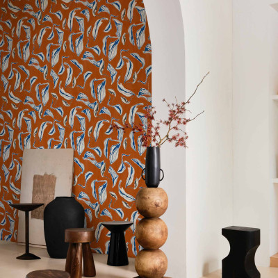 Tapet lavabil Moroccan Branches, Clay, cu model abstract de ramuri, inspirat din cultura marocană. Culoare caldă de argilă, detalii albastre și gri.