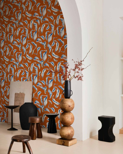Tapet lavabil Moroccan Branches, Clay, cu model abstract de ramuri, inspirat din cultura marocană. Culoare caldă de argilă, detalii albastre și gri.