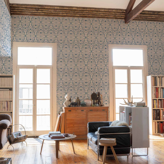Tapet lavabil cu design geometric abstract, in nuante de albastru si gri