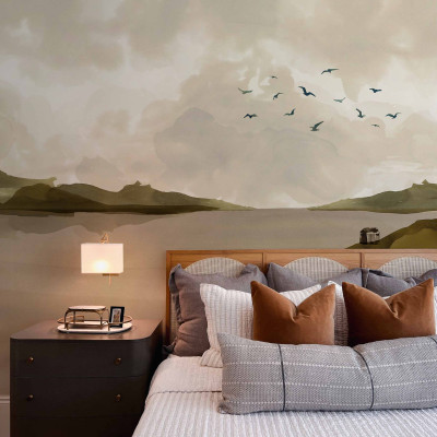 Tapet lavabil cu design minimalist în nuanțe de bej, inspirat din natură. Perfect pentru a crea o atmosferă relaxantă și elegantă în dormitor.