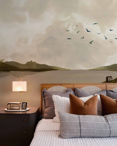 Tapet lavabil cu design minimalist în nuanțe de bej, inspirat din natură. Perfect pentru a crea o atmosferă relaxantă și elegantă în dormitor.