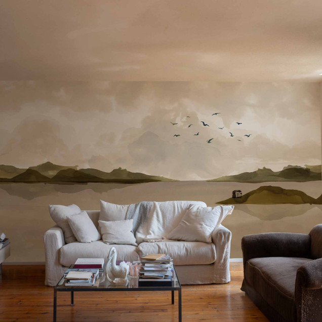 Tapet lavabil cu design minimalist în nuanțe de bej, inspirat din natură. Perfect pentru a crea o atmosferă relaxantă și elegantă în dormitor.