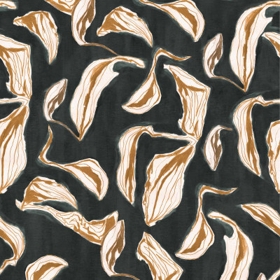 Tapet lavabil Moroccan Branches - negru, cu un model grafic, abstract, inspirat de frunzele de palmier, pe fond negru, cu nuanțe de bej și maro.