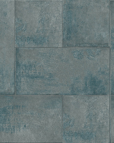 Model tapet Metal Plates 64786904 gri cu accente de albastru si textura usor ruginita, inspirat de placile metalice.
