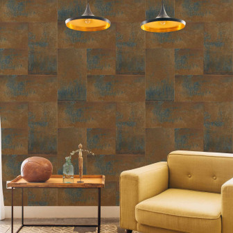 Tapet lavabil cu model Metal Plates 64786902, cu o culoare gri-maron cu accente albastre.
