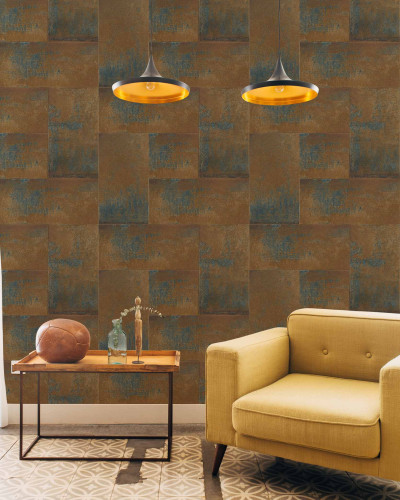 Tapet lavabil cu model Metal Plates 64786902, cu o culoare gri-maron cu accente albastre.