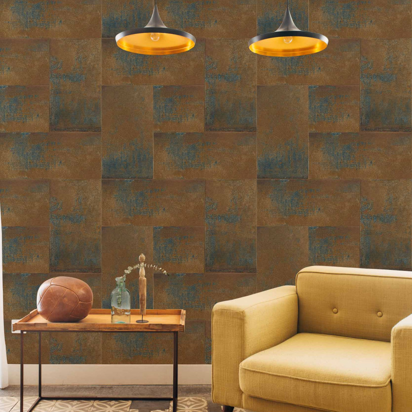 Tapet lavabil cu model Metal Plates 64786902, cu o culoare gri-maron cu accente albastre.