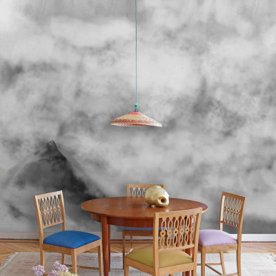 Tapet lavabil cu design elegant si modern, cu model subtil de nori gri pe un fond alb