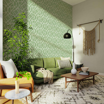 Tapet cu model geometric, cu frunze delicate, in nuante de verde