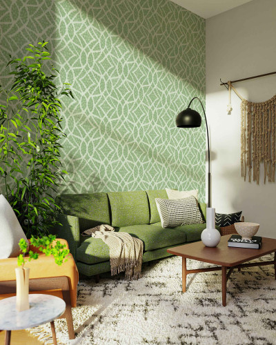 Tapet cu model geometric, cu frunze delicate, in nuante de verde