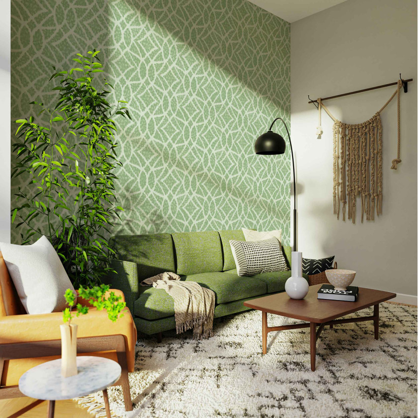 Tapet cu model geometric, cu frunze delicate, in nuante de verde