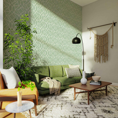 Tapet lavabil cu frunze dense, in nuante de verde si alb, perfect pentru a crea o atmosfera relaxanta si primitoare.