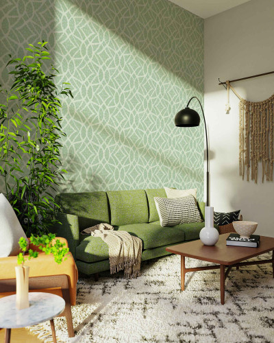 Tapet lavabil cu frunze dense, in nuante de verde si alb, perfect pentru a crea o atmosfera relaxanta si primitoare.