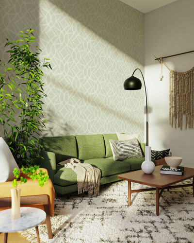 Tapet lavabil cu model de frunze în nuanțe de perle, ideal pentru decorarea livingului sau dormitorului.