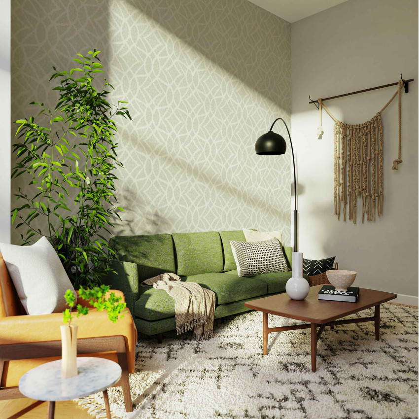 Tapet lavabil cu model de frunze în nuanțe de perle, ideal pentru decorarea livingului sau dormitorului.
