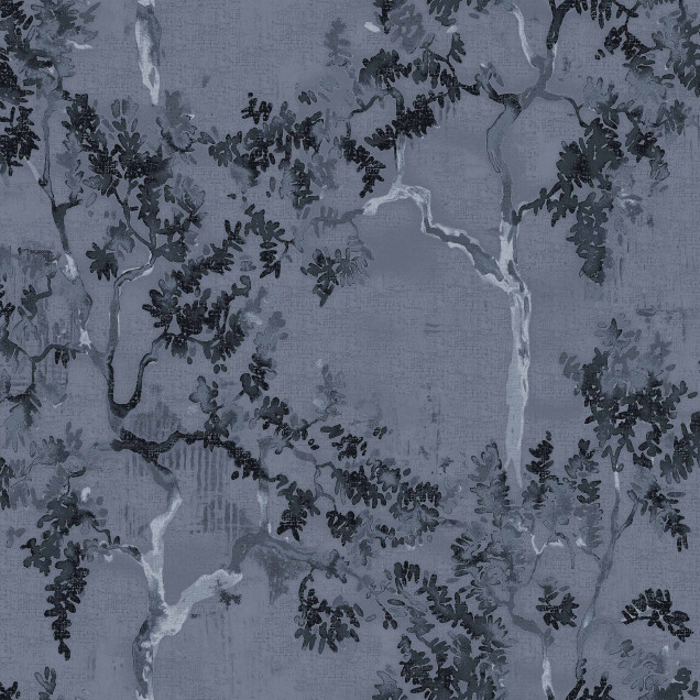 Tapet lavabil Willow Poem, Navy, cu un design elegant de copaci, pe un fundal albastru închis.
