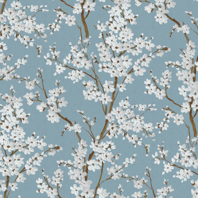 Tapet lavabil Cherry Blossom, Turquoise cu flori de cireș albe pe fundal turcoaz.