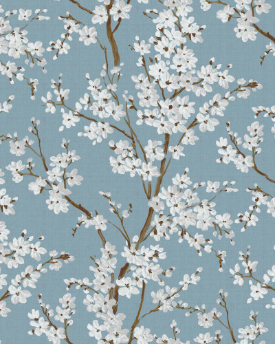 Tapet lavabil Cherry Blossom, Turquoise cu flori de cireș albe pe fundal turcoaz.