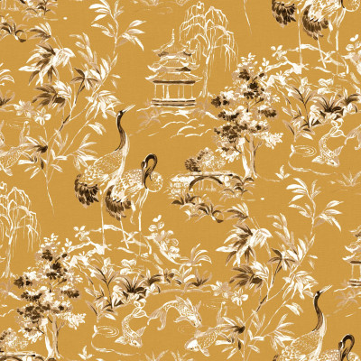 Tapet lavabil cu design asiatic elegant, cu o pagodă din bambus, păsări și flori. Tonuri de chihlimbar.
