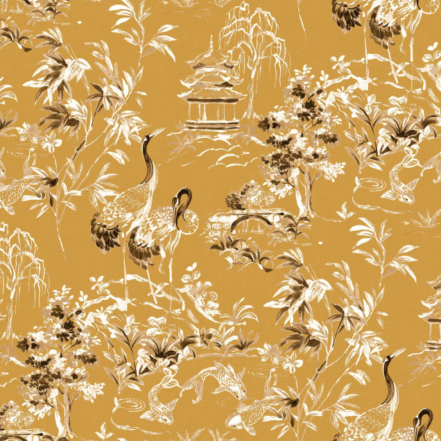 Tapet lavabil cu design asiatic elegant, cu o pagodă din bambus, păsări și flori. Tonuri de chihlimbar.