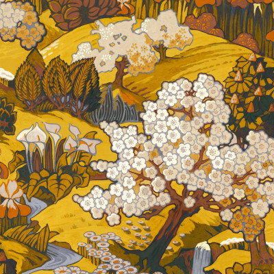 Tapet Yu Garden, Amber cu design floral pe fond de aur delicat