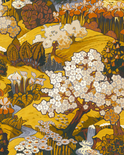 Tapet Yu Garden, Amber cu design floral pe fond de aur delicat
