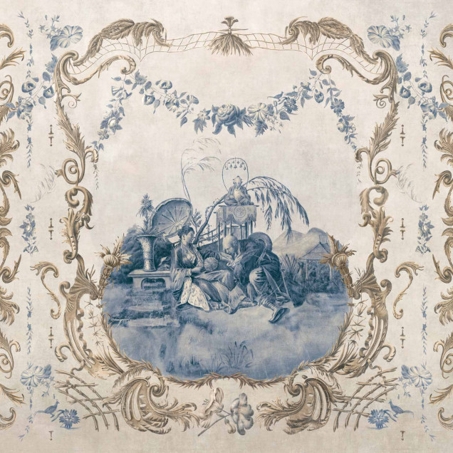 Ming Portrait, Sapphire, Coordonne, tapet cu design floral elegant si o combinatie de culori delicate de albastru si auriu