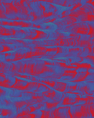 Tapet lavabil cu design abstract in nuante de rosu si albastru, decorat cu o canapea si un scaun.