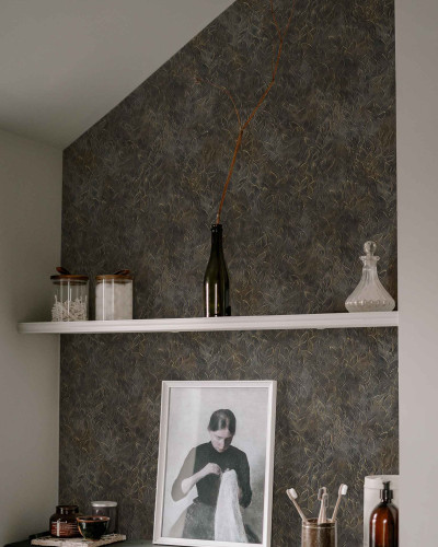 Tapet lavabil Rob Leaves Quartz, design cu frunze aurii pe fond gri