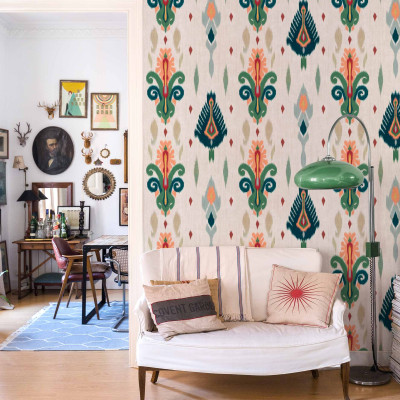 Tapet lavabil Sumba Green cu model inspirat din tradiția ikat.