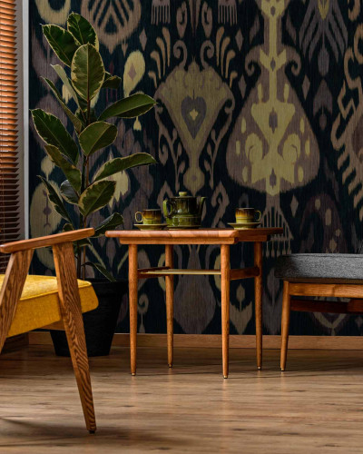 Tapet lavabil boho cu design modern negru, cu motive geometrice și etnice.