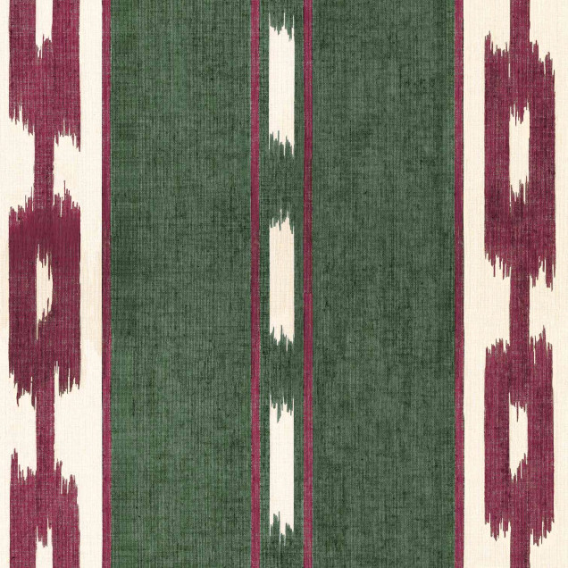 Tapet cu dungi verticale Kente, in nuanțe de verde și roșu.