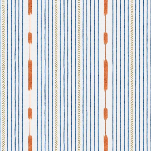 Tapet cu dungi subtile în nuanțe de albastru, auriu și portocaliu, cu un design geometric modern.