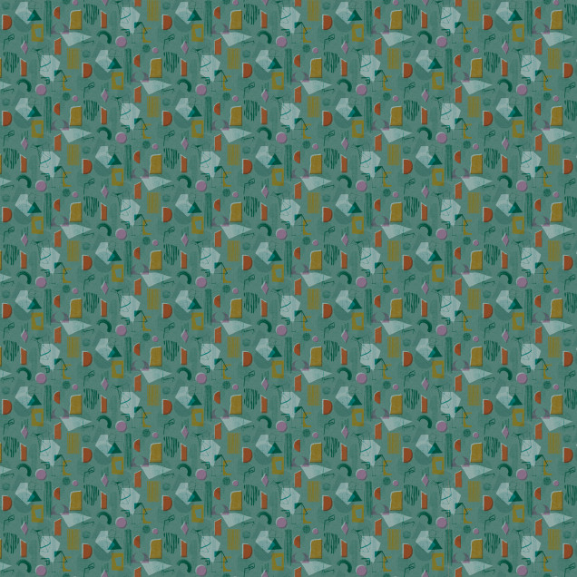 Tapet lavabil Brave Partiture, Turquoise, cu model geometric abstract în culori vibrante: turcoaz, auriu și roșu.