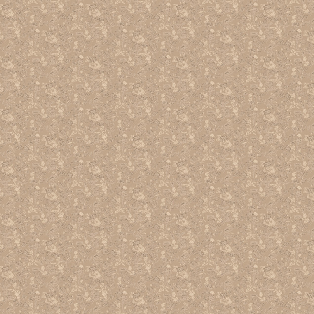 Tapet Crazy Flowers Beige, cu flori delicate pe un fond bej, decorând o bucătărie cu un blat din lemn masiv.