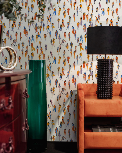 Tapet alb cu design modern ce ilustreaza oameni in miscare.