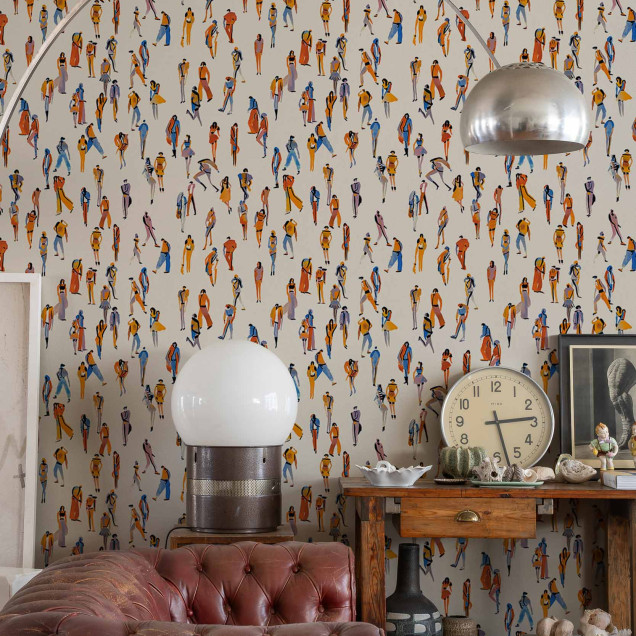 Tapet alb cu design modern ce ilustreaza oameni in miscare.