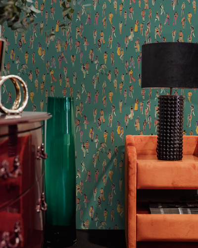 Tapet lavabil cu design modern, turcoaz, cu siluete colorate.